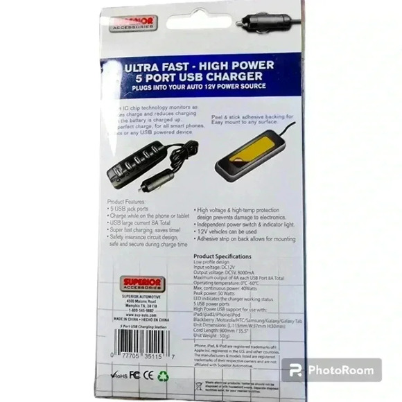 5 port USB charger 12v auto super fast charging 3 foot cord device accessory - Picture 3 of 4